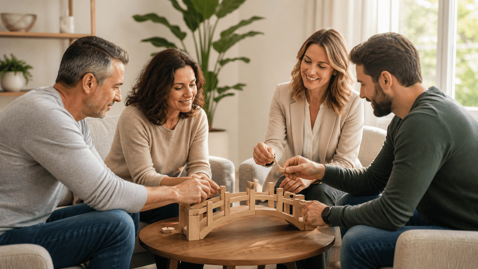 Warmly lit family seated in a circle, talking with a therapist in a calm, modern office.
